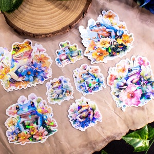 Pastel Frogs Holográfico hecho a mano pegatina conjunto de 8, elementos de flores naturales y estilo lindo