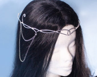 Thaladir fantasy elven tiara, bridal wedding festival silver crown with chains for costumes, brides, photo shoot, LARP