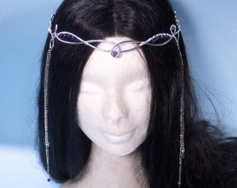 Eldarion fantasy elven tiara, bridal wedding festival silver crown with chains and glass stones for costumes, photo shoot prop and larp