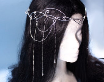 Sorylle fantasy elven tiara, bridal wedding festival silver filigree crown with chains and glass stones for costumes, photo shoot LARP