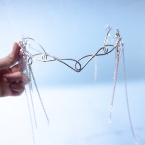 Sorylle fantasy elven tiara, bridal wedding festival silver filigree crown with chains and glass stones for costumes, photo shoot prop and larp