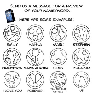 May include: A digital illustration of a TARDIS, a time machine from the British science fiction television series Doctor Who. The image shows a grid of 12 circles, each containing a unique design. Below each circle is a word or phrase, such as "Emily", "Hanna", "Mark", "Stephen", "Francesca", "Maria Aurora", "Cory", "Riccardo", "I Love You", "Forever", "Till the End of Time", and "Us".