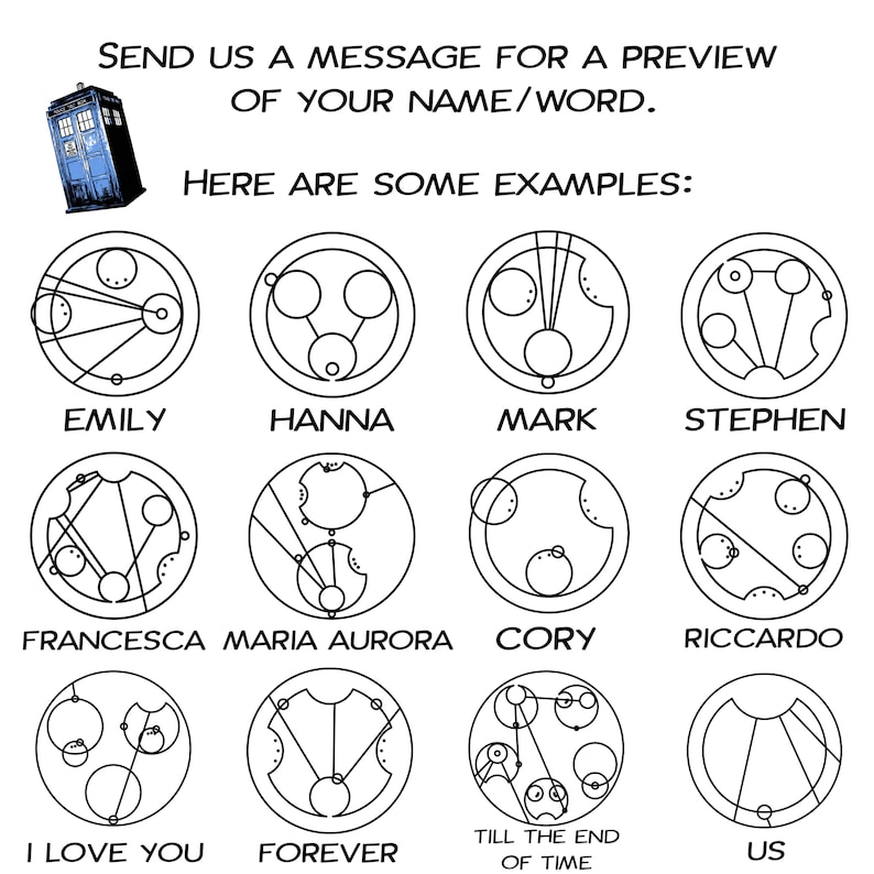 May include: A digital illustration of a TARDIS, a time machine from the British science fiction television series Doctor Who. The image shows a grid of 12 circles, each containing a unique design. Below each circle is a word or phrase, such as "Emily", "Hanna", "Mark", "Stephen", "Francesca", "Maria Aurora", "Cory", "Riccardo", "I Love You", "Forever", "Till the End of Time", and "Us".