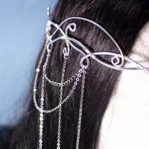 Sorylle fantasy elven tiara, bridal wedding festival silver filigree crown with chains and glass stones for costumes, photo shoot prop and larp