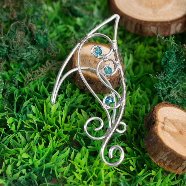 Noirin ear cuff elfic silver stainless steel earrings with gemstones image 8