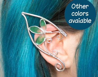Indil earcuff, Elven earrings in silver wire and green leaves, Costumes, themed weddings, Elven queen, Fantasy earrings