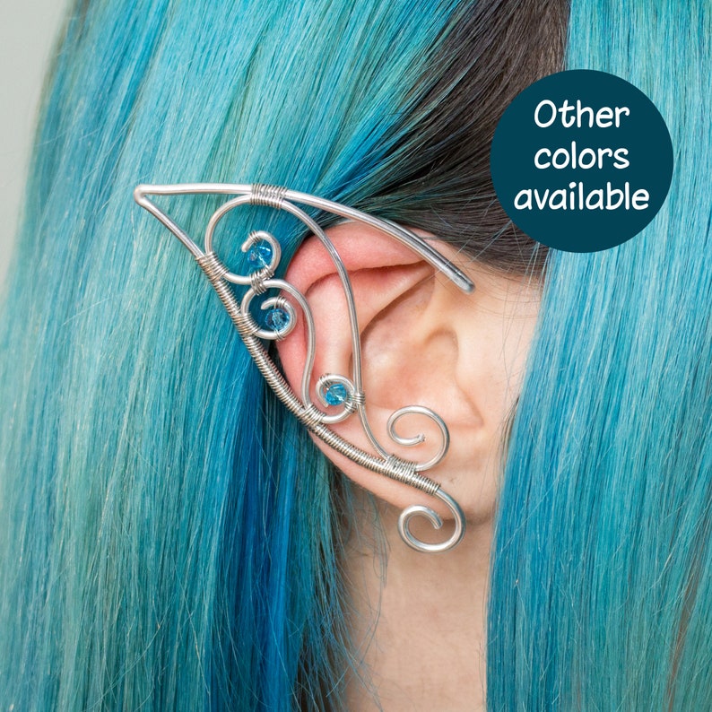 Noirin ear cuff elfic silver stainless steel earrings with gemstones image 1