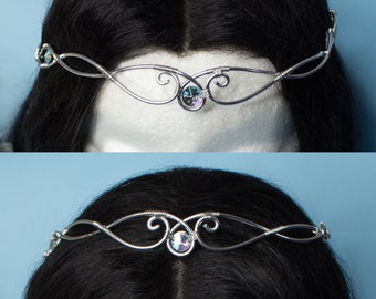 Ultan elfic tiara in silver stainless steel with clear, purple, pink or light blue gemstones