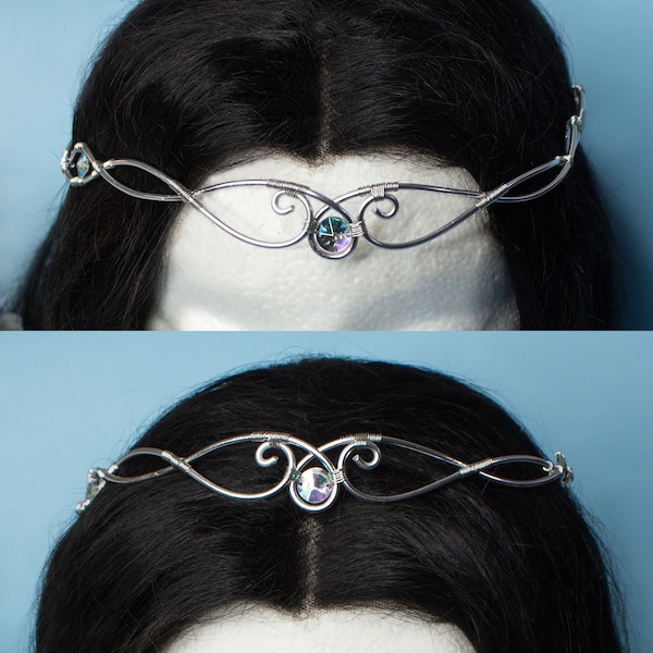 Ultan elfic tiara in silver stainless steel with clear, purple, pink or light blue gemstones