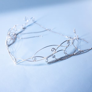 Sorylle fantasy elven tiara, bridal wedding festival silver filigree crown with chains and glass stones for costumes, photo shoot prop and larp