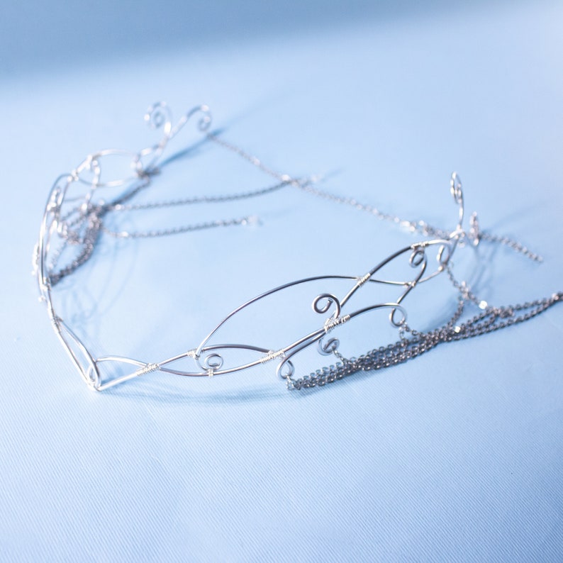 Sorylle fantasy elven tiara, bridal wedding festival silver filigree crown with chains and glass stones for costumes, photo shoot prop and larp