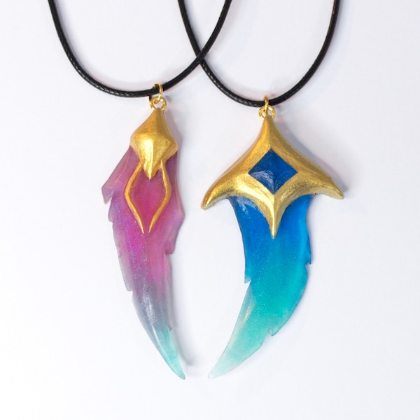 Star Guardian Xayah and Rakan necklaces from League of Legends LOL with feathers, love and friendship gift