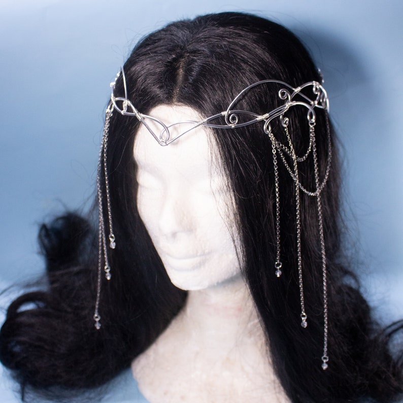 Sorylle fantasy elven tiara, bridal wedding festival silver filigree crown with chains and glass stones for costumes, photo shoot prop and larp