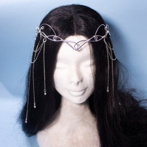Sorylle fantasy elven tiara, bridal wedding festival silver filigree crown with chains and glass stones for costumes, photo shoot prop and larp