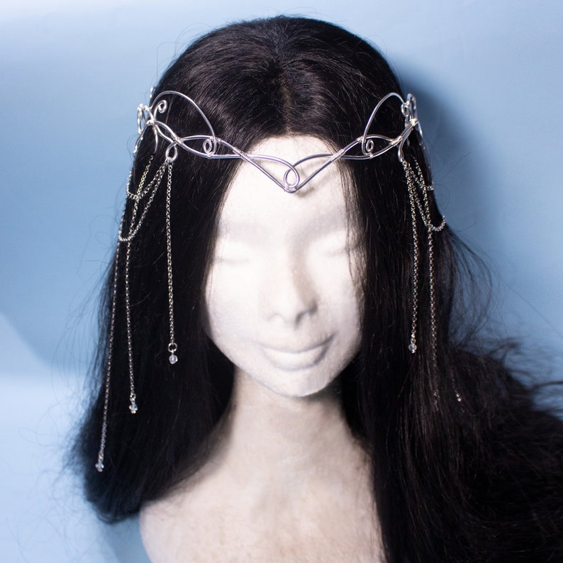 Sorylle fantasy elven tiara, bridal wedding festival silver filigree crown with chains and glass stones for costumes, photo shoot prop and larp