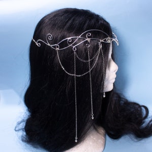 Sorylle fantasy elven tiara, bridal wedding festival silver filigree crown with chains and glass stones for costumes, photo shoot prop and larp
