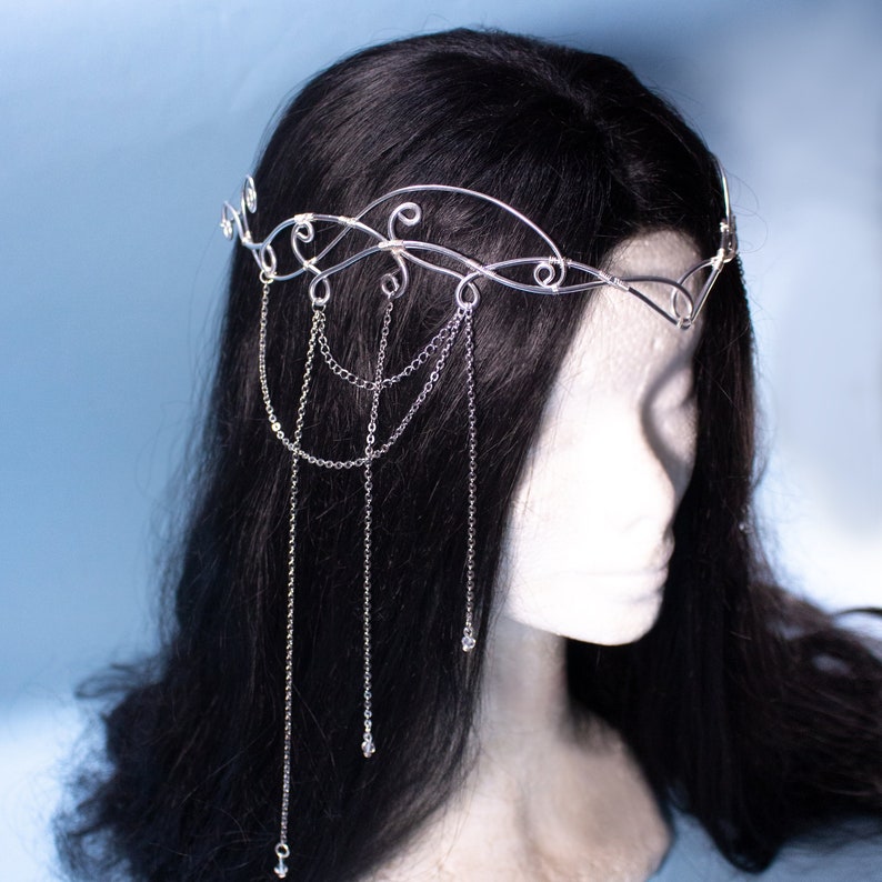 Sorylle fantasy elven tiara, bridal wedding festival silver filigree crown with chains and glass stones for costumes, photo shoot prop and larp