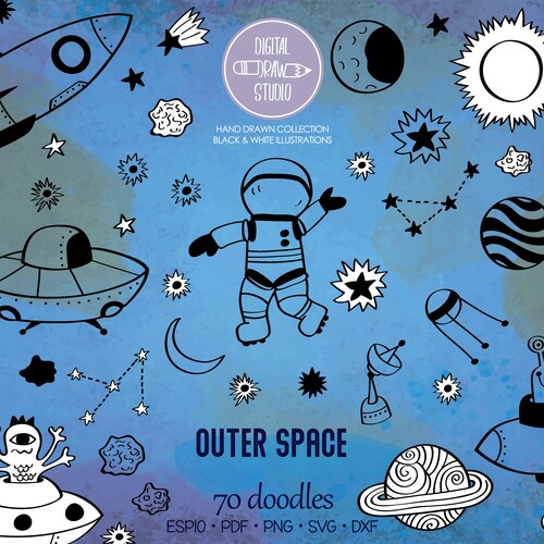 Outer Space Hand Drawn Graphics Planets Astronauts and | Etsy