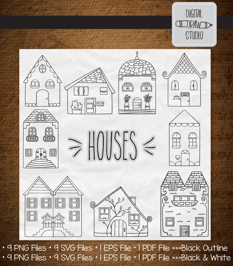9 Houses Clip Art Bundle Hand Drawn Cottage Outline Drawing Etsy