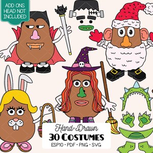 May include: A digital illustration set featuring potato-shaped characters with various costumes including a vampire, Santa Claus, witch, and bunny. Includes accessories like hats, ears, and tails. Text reads: ADD ONS HEAD NOT INCLUDED and Hand-Drawn 30 COSTUMES.
