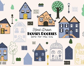 Hand‑Drawn Houses Clipart • Color Cottage Illustrations, Village Doodles (png, svg, ep,s pdf)