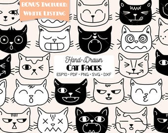 Cat Faces Clipart | Kawaii Animal Head Doodles (png, svg, eps, pdf, dxf)