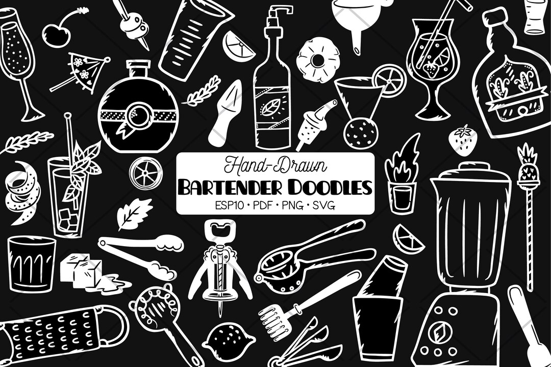 Bartender Hand Drawn Graphics: Cocktail Tools Clip Art, White Lines ...