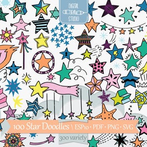 Star Doodles Handgetekende afbeelding | Kleurrijk sterrenbeeld, vallende ster, omtrekslinger | Illustraties krabbelvorm | Png Svg Eps Pdf