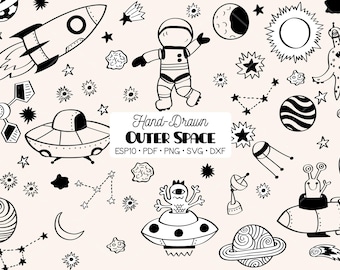 Outer Space Hand Drawn Clip Arts: Planets, Rocket Ship (Png, Svg, Pdf, Eps, Dxf)
