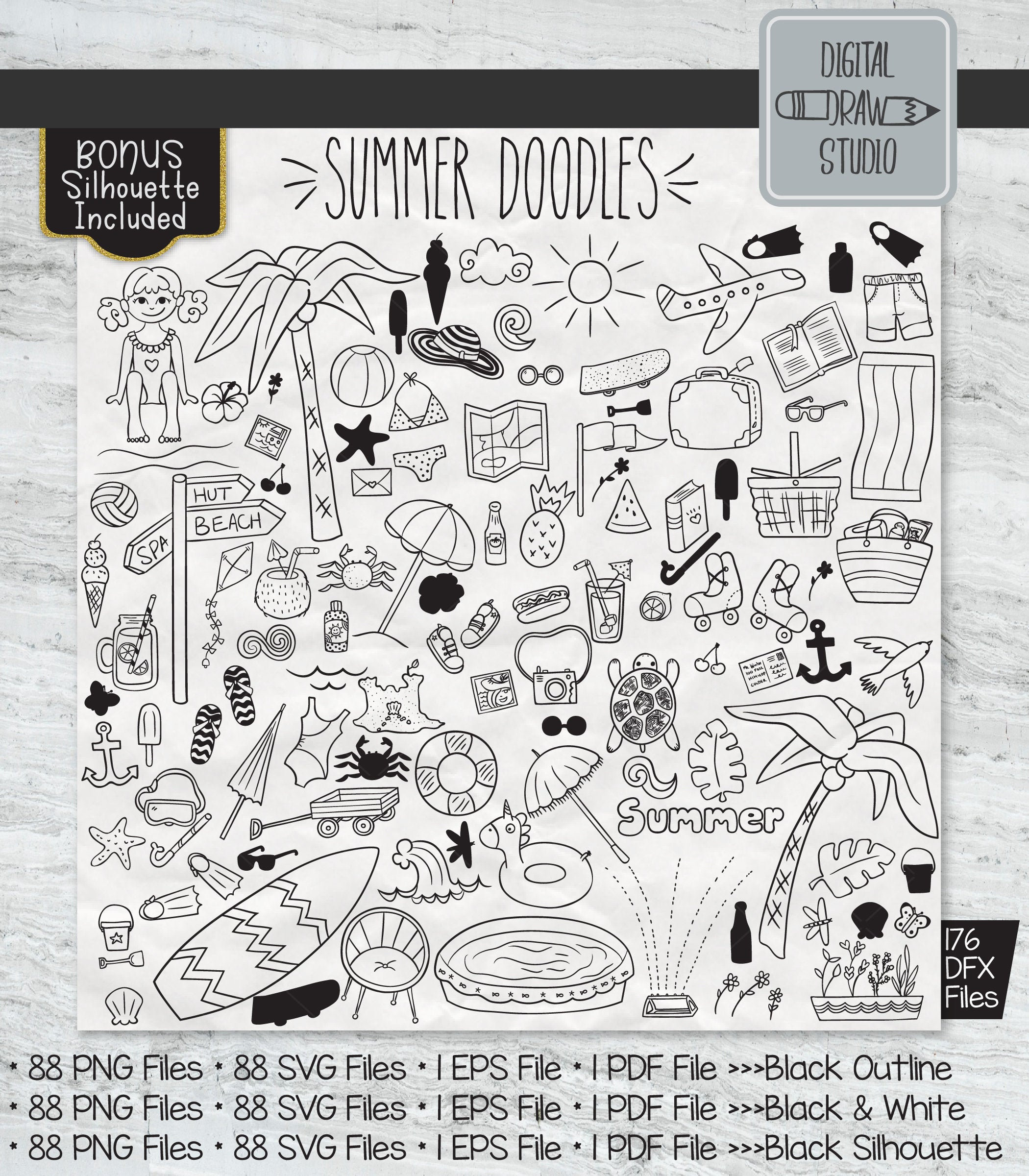 Summer Season Doodles Clip Art Hand Drawn Beach Coconut Etsy