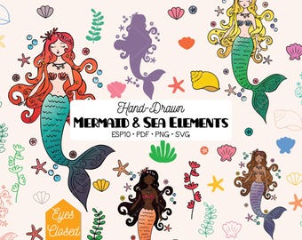Mermaid Colored Clip Art, Hand Drawn Sea Princess (Png, Svg, Eps, Pdf) Eyes Closed