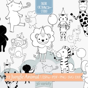 Jungle Animal Birthday Party Clipart | Hand Drawn Elephant, Lion, Hippo, Rhino, Giraffe, Zebra, Tiger, Monkey | Png Svg Eps Pdf Dxf