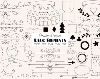 Hand-Drawn Decorative Elements Clipart | Frames + Divider | Arrows + Heart + Laurels | Png Eps Pdf Svg Dxf