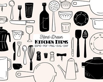 Kitchen items Hand Drawn Clip arts, Cooking Outline Doodles (Svg, Png, Eps, Pdf, Dxf)