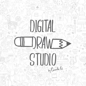 May include: A white background with a pattern of small, hand-drawn illustrations. The words "DIGITAL DRAW STUDIO" are in large, dark gray letters, with a pencil graphic. The text "by Carmela G." is below.
