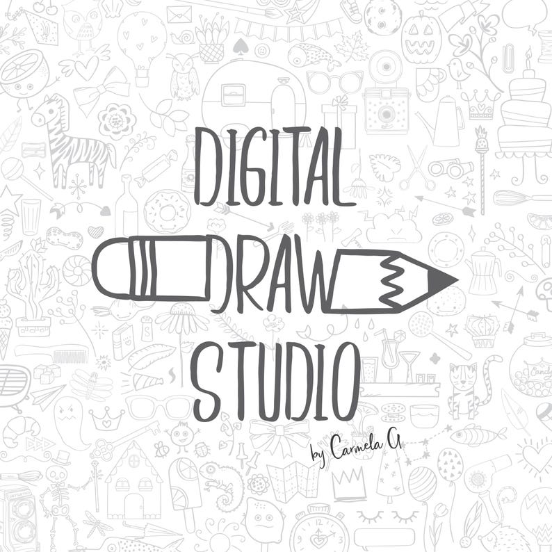 May include: A white background with a pattern of small, hand-drawn illustrations. The words "DIGITAL DRAW STUDIO" are in large, dark gray letters, with a pencil graphic. The text "by Carmela G." is below.