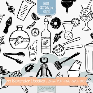 Barman Rysowane Ręcznie Grafiki | Narzędzia barmańskie Rysunek Konturowy | Szklanki i Butelki Clipart | Png Eps Pdf Svg Dxf