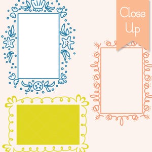 May include: Three decorative frames in a close-up shot. The frames are rectangular with ornate borders. One frame is blue with seashell and starfish motifs. Another is peach with a looping design. The third frame is yellow with a diamond pattern.