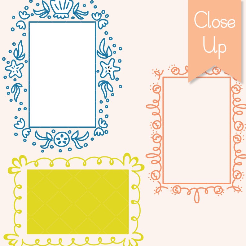 May include: Three decorative frames in a close-up shot. The frames are rectangular with ornate borders. One frame is blue with seashell and starfish motifs. Another is peach with a looping design. The third frame is yellow with a diamond pattern.
