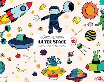Outer Space Hand Drawn Colored Clip Arts: Planets, Rocket Ship (Png, Svg, Pdf, Eps)