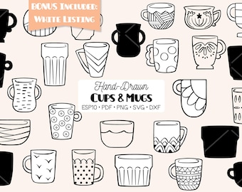 Taza de café dibujada a mano, taza de té decorada, tazón de vidrio, PNG, SVG, EPS, PDF, DXF