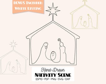 Hand drawn Nativity Scene, Baby Jesus Manger Linear Clip Art, Gold & Silver Glitter Outline (Png, Svg, Eps, Pdf, Dxf)
