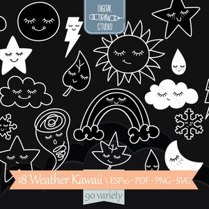 Météo Kawaii | Lignes blanches | Clipart étoile, lune et soleil dessinés à la main | Dessin de contour de nuages mignons | Png Svg Eps Pdf