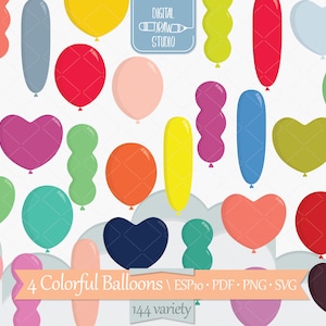 Gráficos dibujados a mano con globos de colores / Dibujo de contorno de artículos para fiestas de cumpleaños / Clip art con forma de corazón / Png Svg Eps Pdf