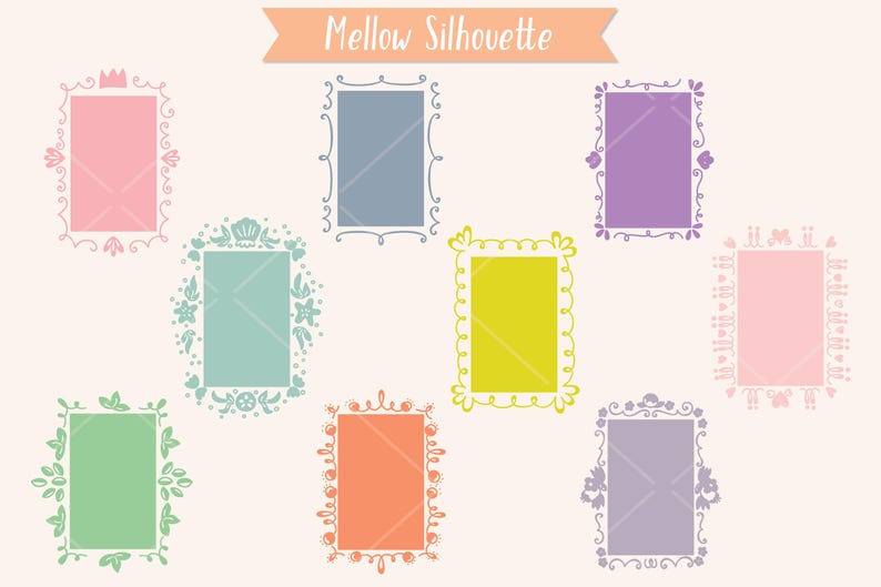 May include: A collection of colorful, decorative rectangular frames with floral and crown embellishments. The frames are in various pastel colors, including pink, blue, green, yellow, orange, and purple, with a light beige background. The text "Mellow Silhouette" is at the top.
