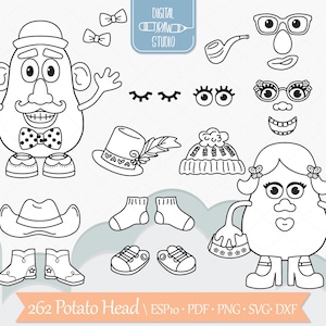 Tête de pomme de terre dessinée à la main | M. & Mme Paper Doll : dessin du contour | Images clipart de parties du corps | Png Svg Eps Pdf Dxf