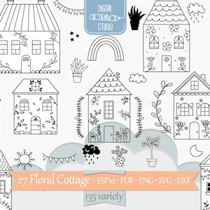 Clip Art de Casa Floral | Casas, Árvores, Plantas, Sol, Nuvem, Arco-íris, Lua e Banners Desenhados à Mão | Png Svg Eps Pdf Dxf