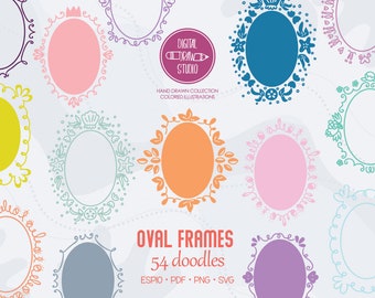 Colored Oval Doodle Frames | Hand Drawn Floral Border & Decorative Outline Drawing | Princess Wreath Clip art |Png Eps Pdf Svg