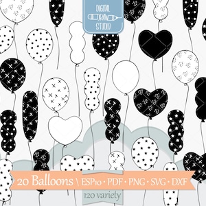 Gráficos dibujados a mano con globos / Dibujo de contorno de artículos para fiestas de cumpleaños / Clip art con forma de corazón / Png Svg Eps Pdf Dxf
