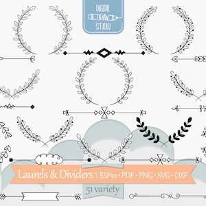 Laurels & Divider Ręcznie rysowana grafika | Rysunek konturu obramowania | Element dekoracyjny wieniec, kwiatowy klipart | Png Svg Eps Pdf Dxf